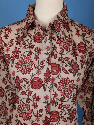 Beige Floral Printed Cotton Shirt Collar Salwar Suit Set - Diadem