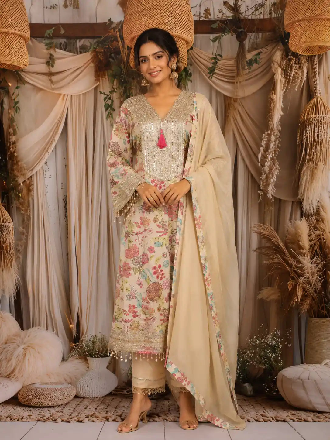 Beige Floral Printed Design Tissue Silk Anarkali Salwar Suit
