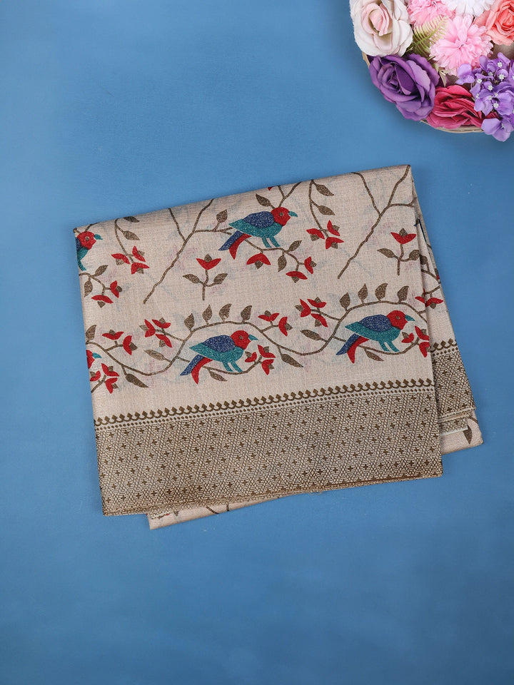 Beige Floral Designed Fancy Cotton Saree - Diadem