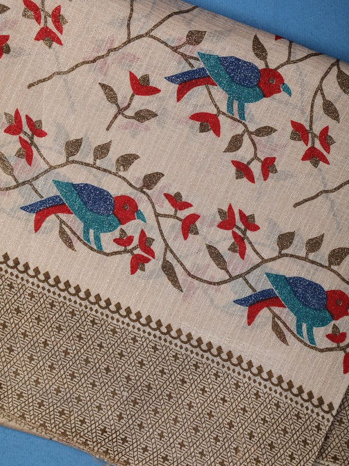 Beige Floral Designed Fancy Cotton Saree - Diadem