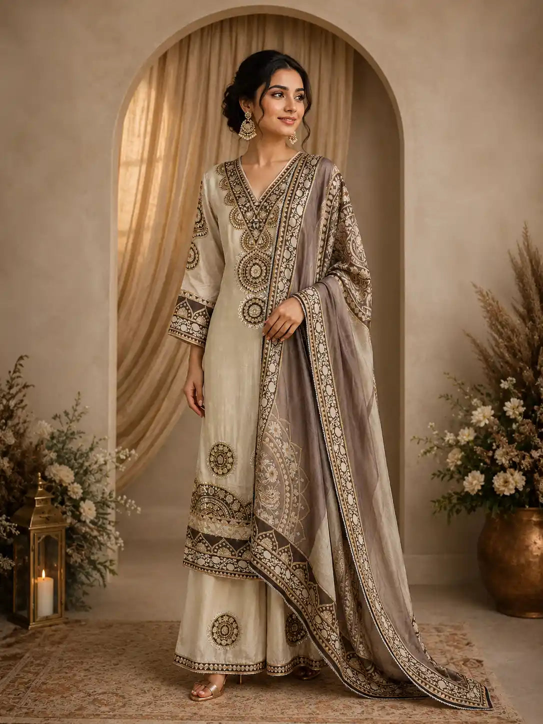 Beige Geometric Printed  Design Crepe Straight Cut Salwar Suit with Dupatta