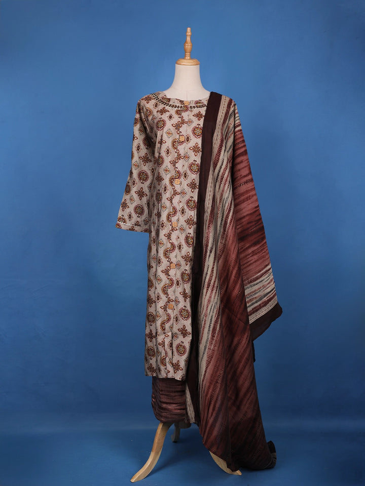 Beige Grey Floral Designed Semi Silk Salwar Suit - Diadem