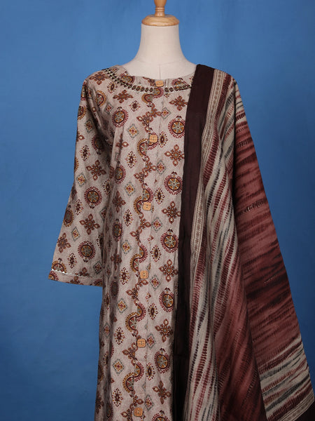 Beige Grey Floral Designed Semi Silk Salwar Suit - Diadem