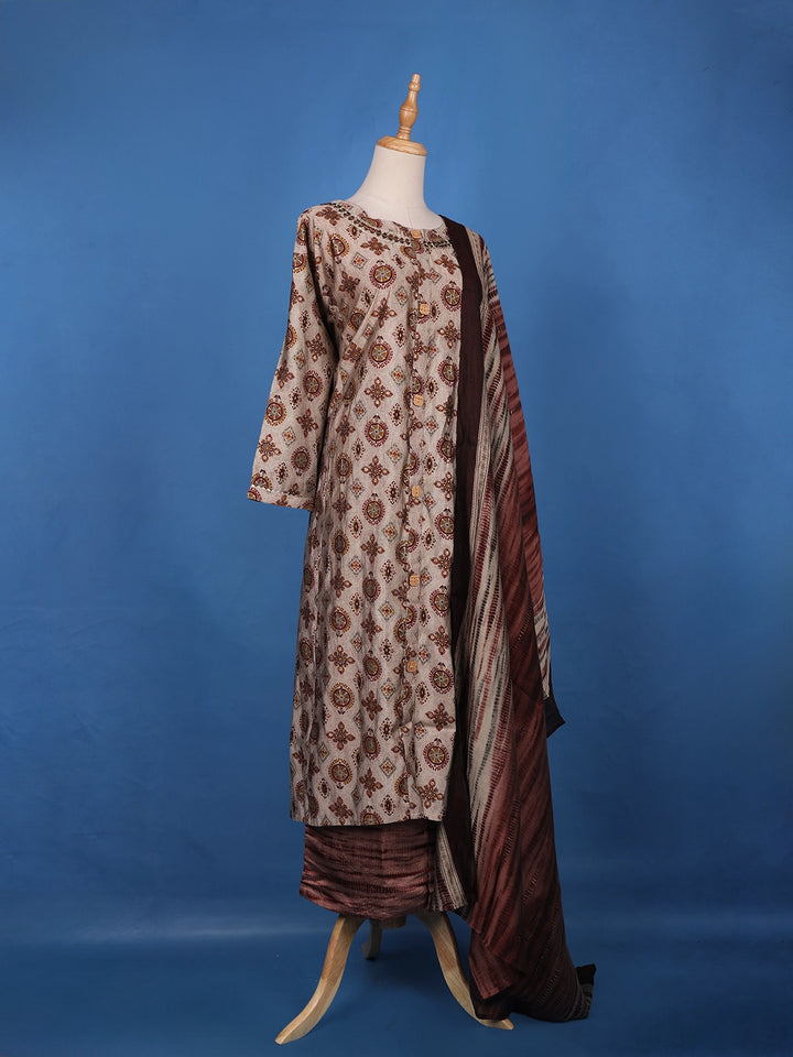 Beige Grey Floral Designed Semi Silk Salwar Suit - Diadem