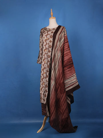Beige Grey Floral Designed Semi Silk Salwar Suit - Diadem