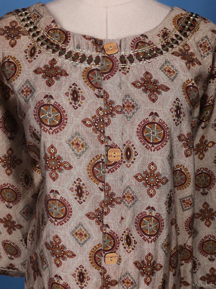 Beige Grey Floral Designed Semi Silk Salwar Suit - Diadem