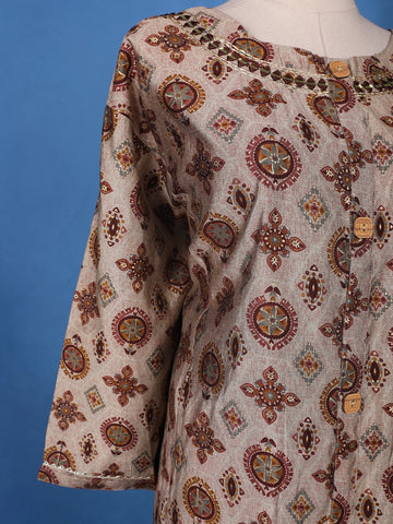 Beige Grey Floral Designed Semi Silk Salwar Suit - Diadem