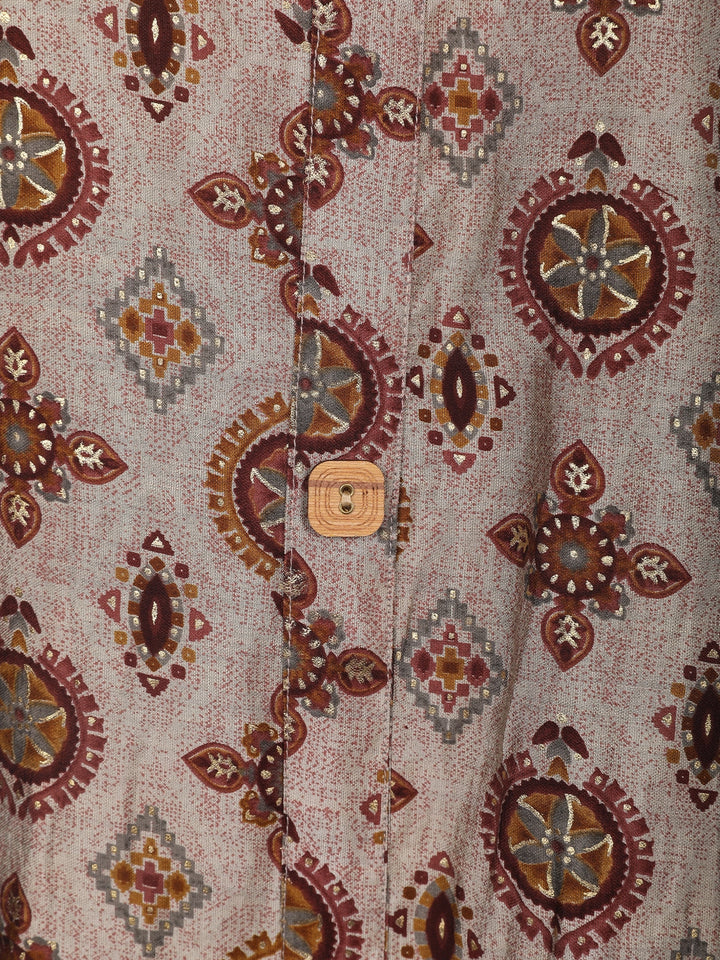 Beige Grey Floral Designed Semi Silk Salwar Suit - Diadem