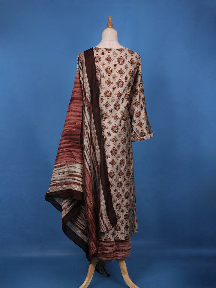 Beige Grey Floral Designed Semi Silk Salwar Suit - Diadem
