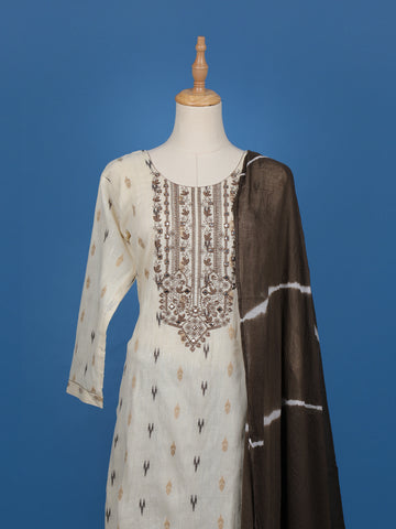 Beige Ikat Embroidered Salwar Suit with Brown Tie-Dye Dupatta - Diadem