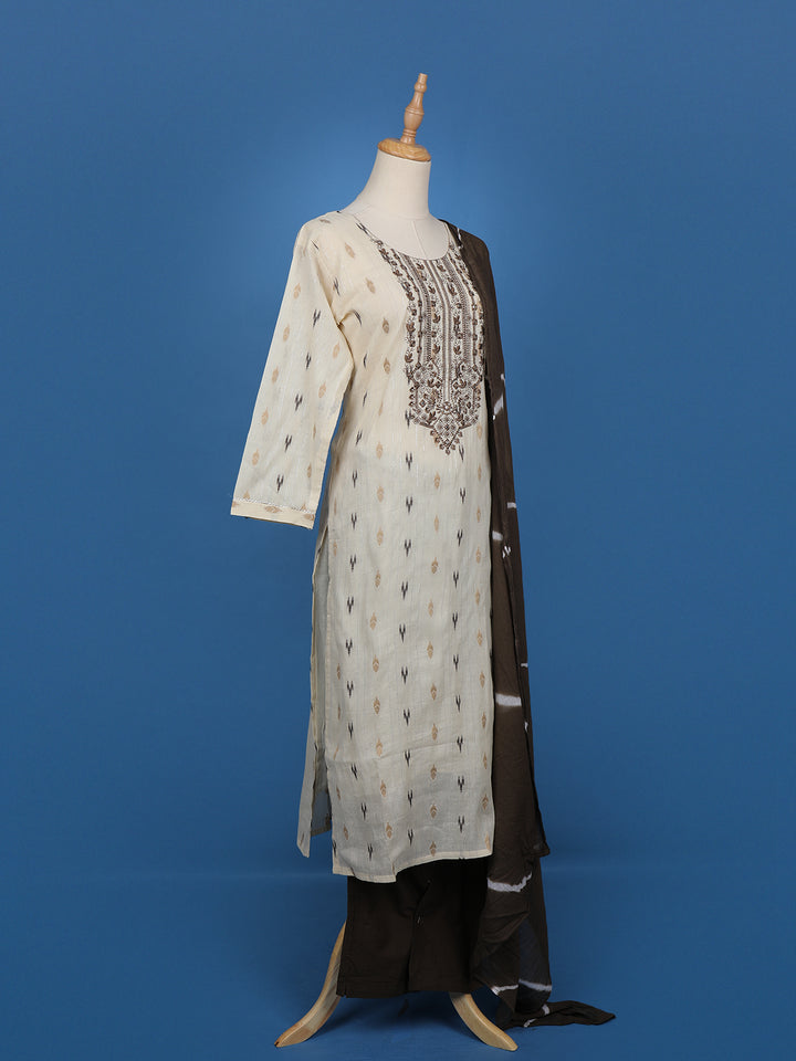 Beige Ikat Embroidered Salwar Suit with Brown Tie-Dye Dupatta - Diadem