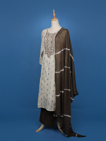 Beige Ikat Embroidered Salwar Suit with Brown Tie-Dye Dupatta - Diadem