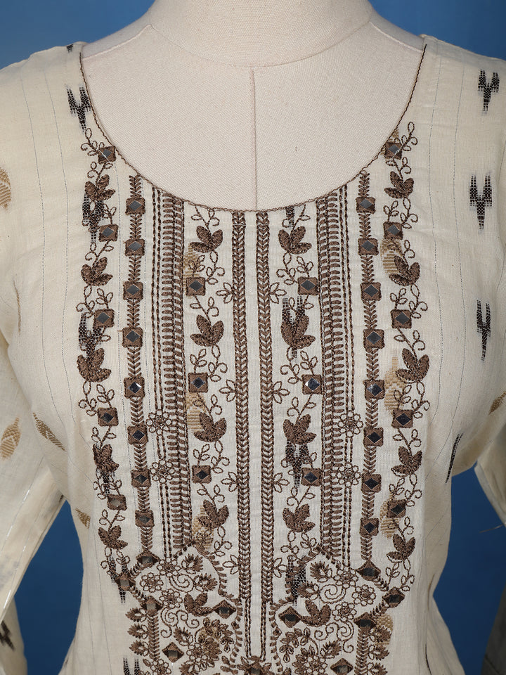 Beige Ikat Embroidered Salwar Suit with Brown Tie-Dye Dupatta - Diadem
