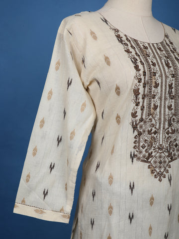 Beige Ikat Embroidered Salwar Suit with Brown Tie-Dye Dupatta - Diadem