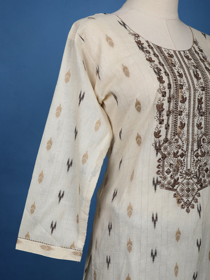 Beige Ikat Embroidered Salwar Suit with Brown Tie-Dye Dupatta - Diadem