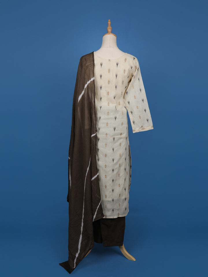 Beige Ikat Embroidered Salwar Suit with Brown Tie-Dye Dupatta - Diadem