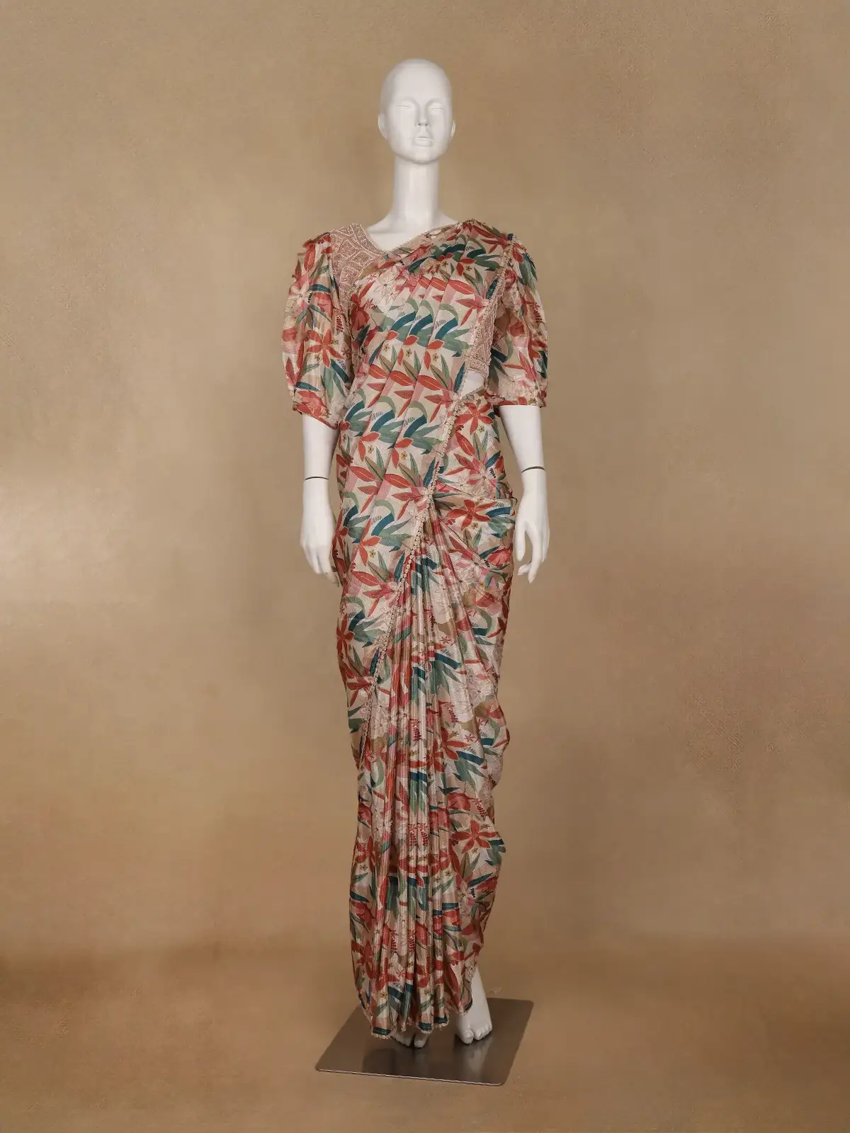 Beige Multicolor Floral Printed Synthetic Saree with Embroidered Blouse - Diadem