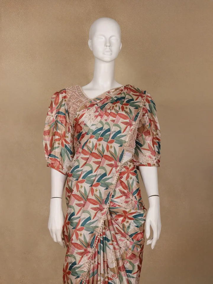 Beige Multicolor Floral Printed Synthetic Saree with Embroidered Blouse - Diadem
