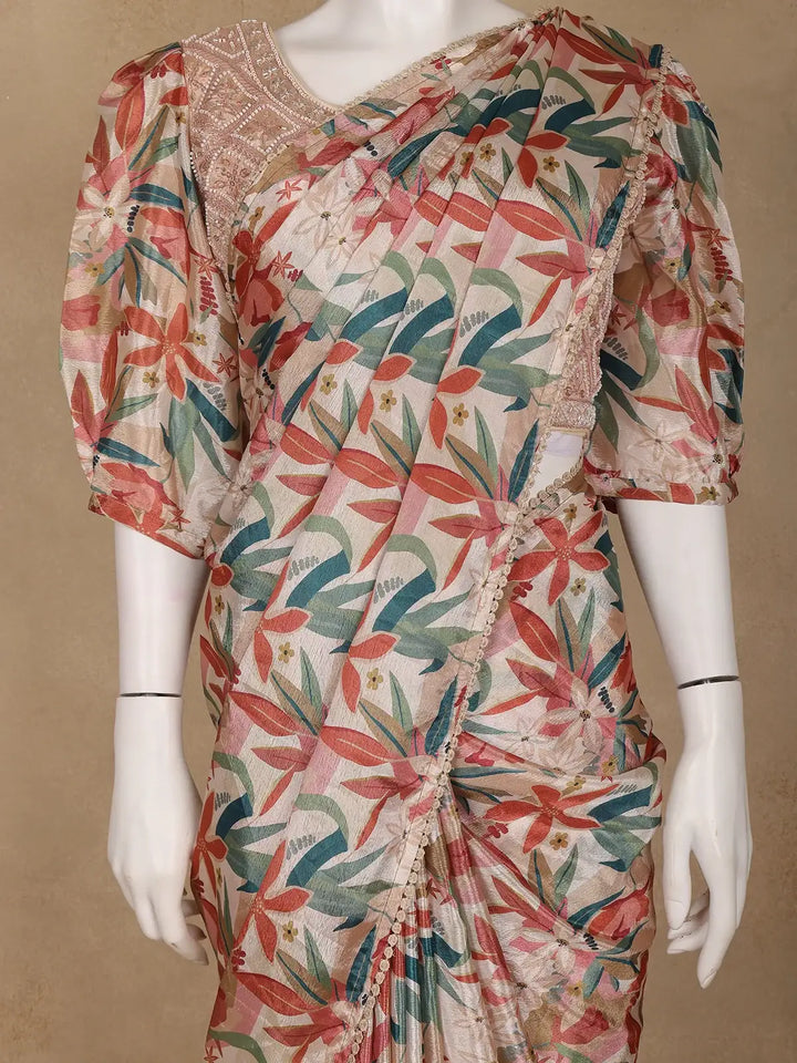 Beige Multicolor Floral Printed Synthetic Saree with Embroidered Blouse - Diadem