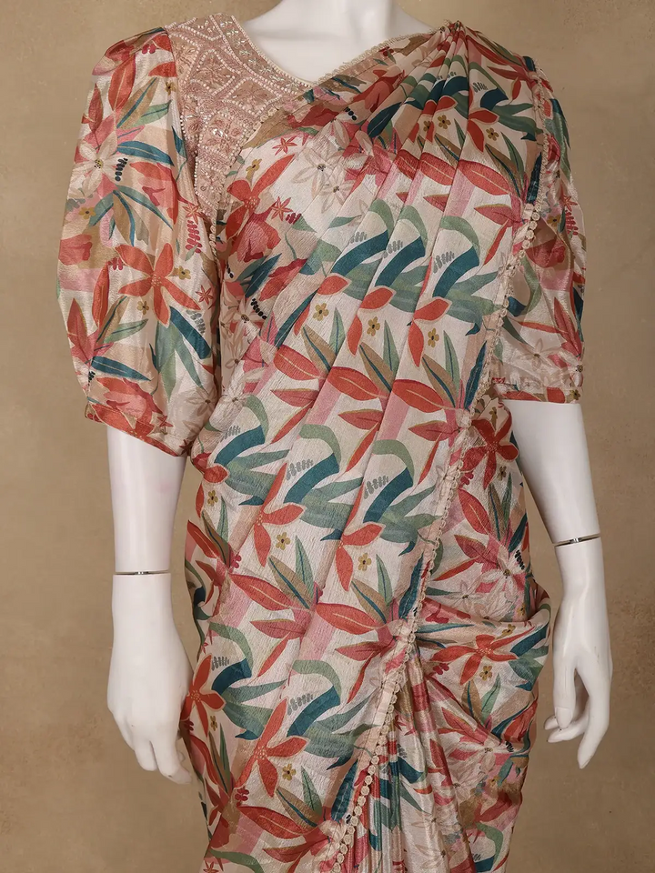 Beige Multicolor Floral Printed Synthetic Saree with Embroidered Blouse - Diadem