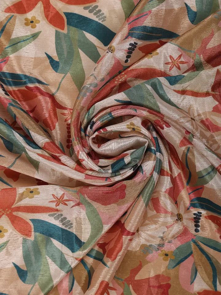Beige Multicolor Floral Printed Synthetic Saree with Embroidered Blouse - Diadem