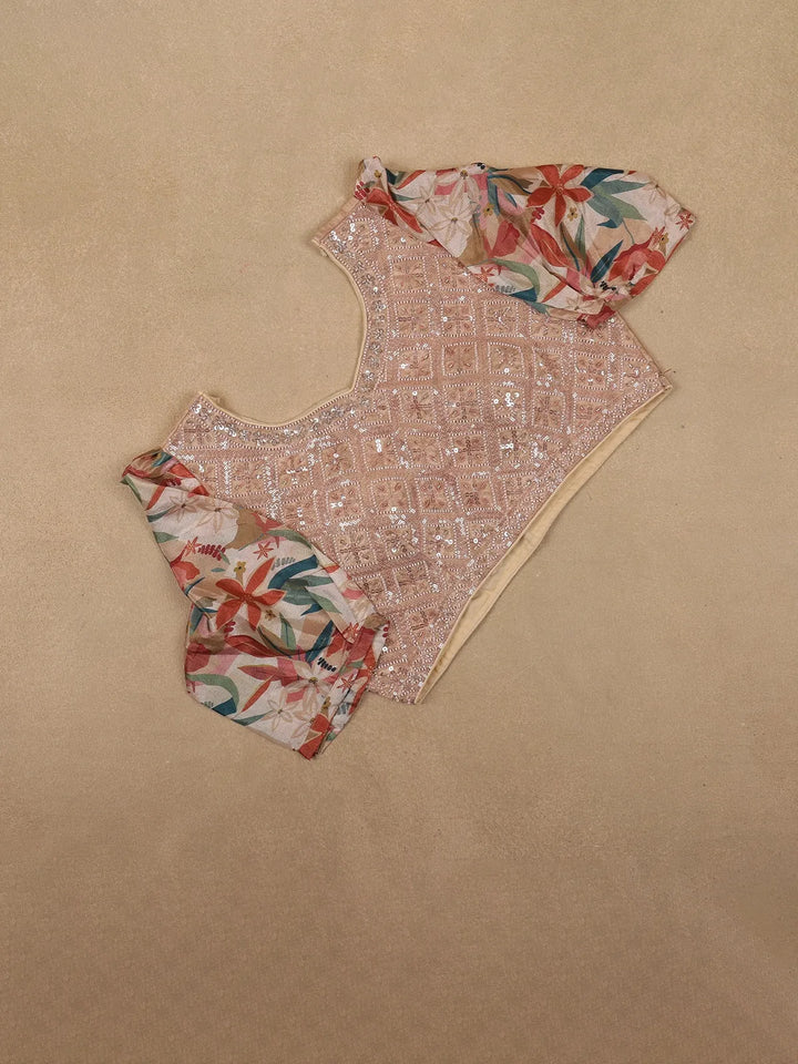Beige Multicolor Floral Printed Synthetic Saree with Embroidered Blouse - Diadem
