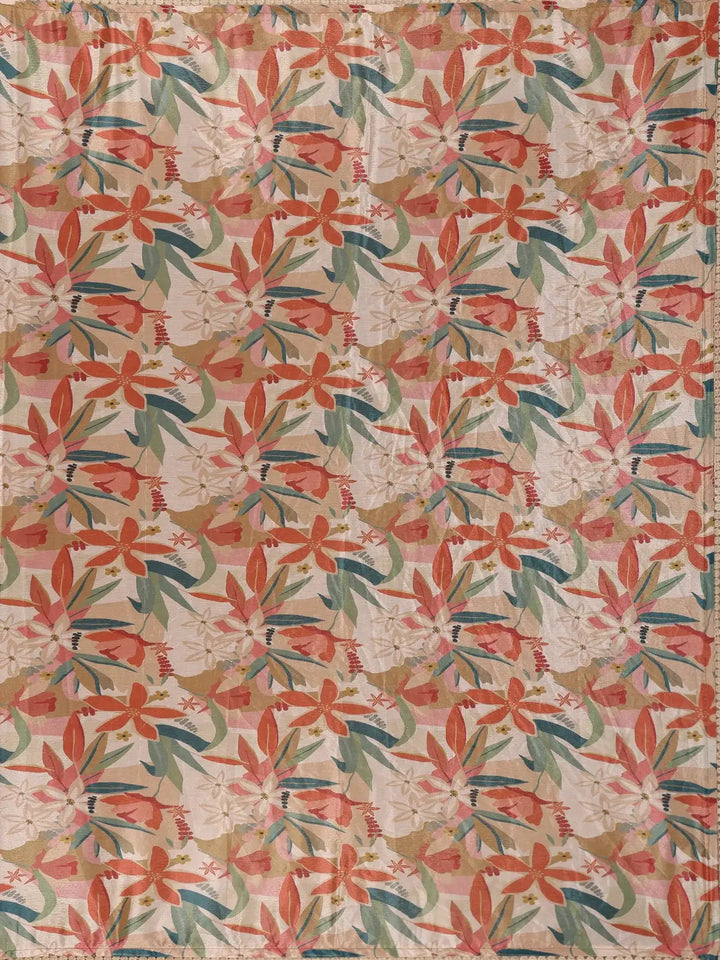Beige Multicolor Floral Printed Synthetic Saree with Embroidered Blouse - Diadem