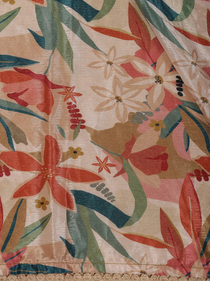 Beige Multicolor Floral Printed Synthetic Saree with Embroidered Blouse - Diadem