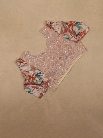Beige Multicolor Floral Printed Synthetic Saree with Embroidered Blouse - Diadem