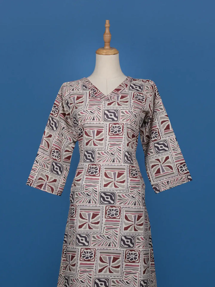Beige Multicolor Geometric Printed Cotton Straight Cut Salwar Suit Set - Diadem