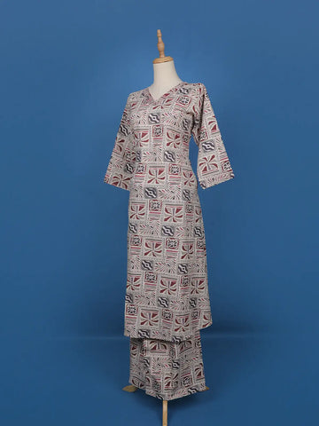 Beige Multicolor Geometric Printed Cotton Straight Cut Salwar Suit Set - Diadem