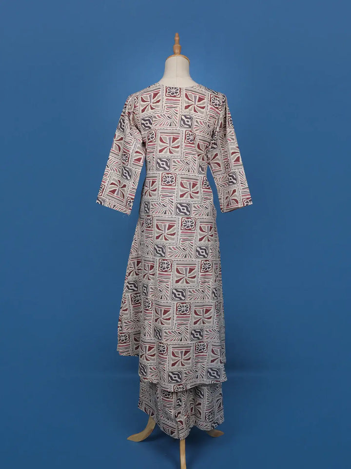 Beige Multicolor Geometric Printed Cotton Straight Cut Salwar Suit Set - Diadem