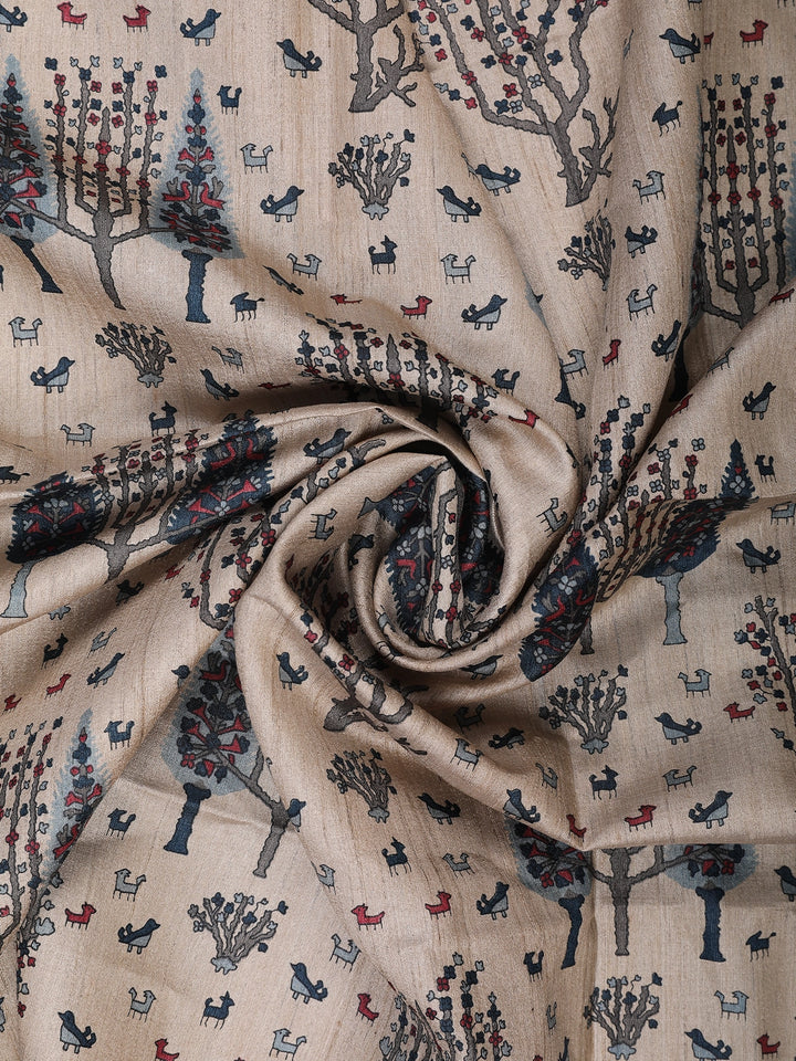 Beige Tree Motif Printed Tussar Silk Saree - Diadem