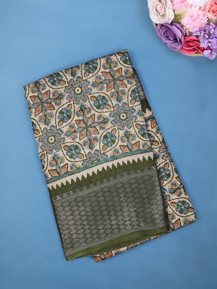 Beige Geometric And Floral Design Printed Cotton Saree - Diadem