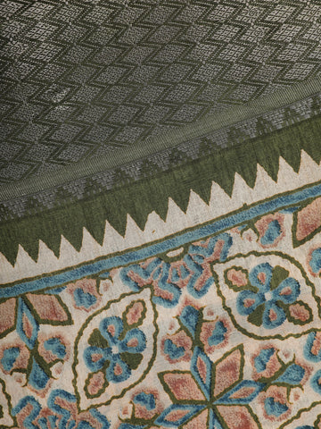 Beige Geometric And Floral Design Printed Cotton Saree - Diadem