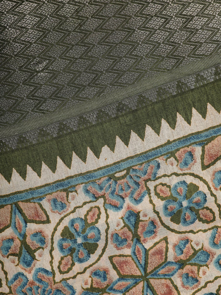 Beige Geometric And Floral Design Printed Cotton Saree - Diadem