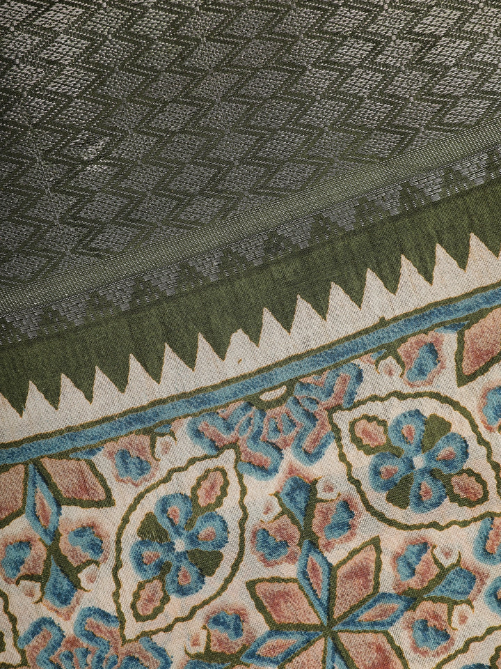 Beige Geometric And Floral Design Printed Cotton Saree - Diadem