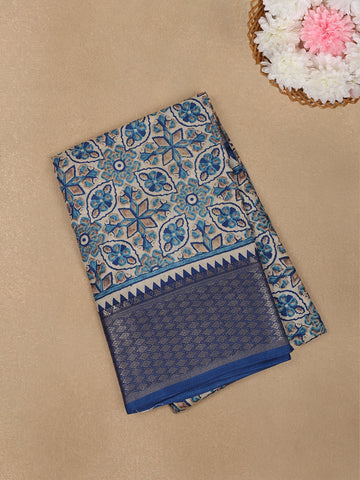 Beige with Blue Geometric and Floral Printed Cotton Saree - Diadem