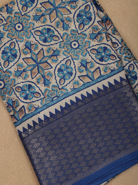 Beige with Blue Geometric and Floral Printed Cotton Saree - Diadem