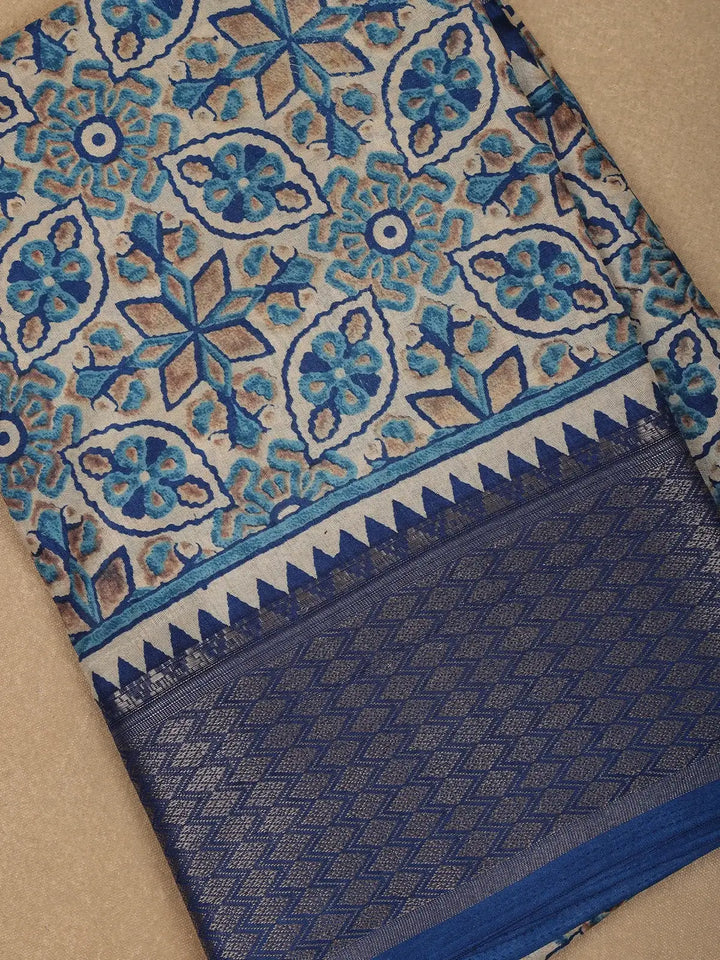 Beige with Blue Geometric and Floral Printed Cotton Saree - Diadem