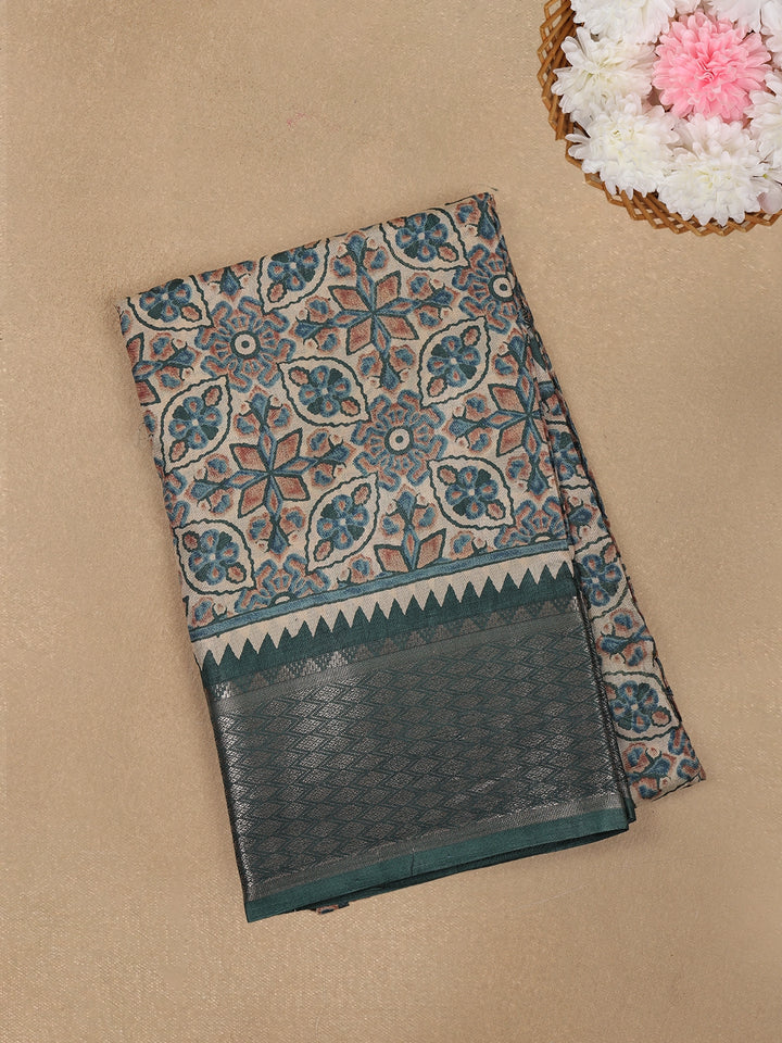 Beige with Green Geometric and Floral Printed Cotton Saree - Diadem