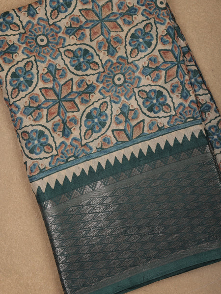 Beige with Green Geometric and Floral Printed Cotton Saree - Diadem