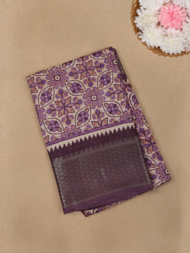 Beige with Purple Geometric and Floral Printed Cotton Saree - Diadem