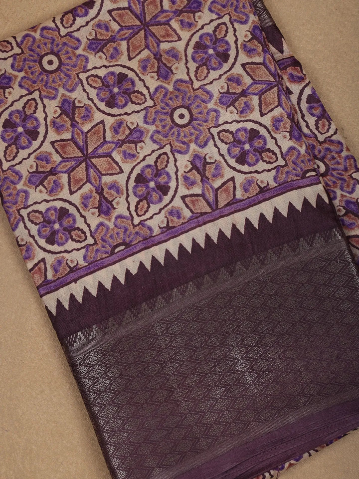 Beige with Purple Geometric and Floral Printed Cotton Saree - Diadem