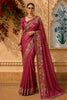 Berry Pink Striped Zari  Woven Design Pure Tissue Fancy Saree with Floral Border