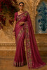 Berry Pink Striped Zari  Woven Design Pure Tissue Fancy Saree with Floral Border