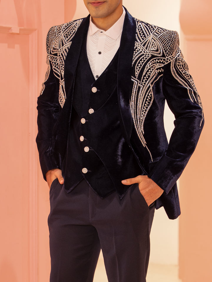Navy Blue Abstract Designed Men's Suit - Diadem