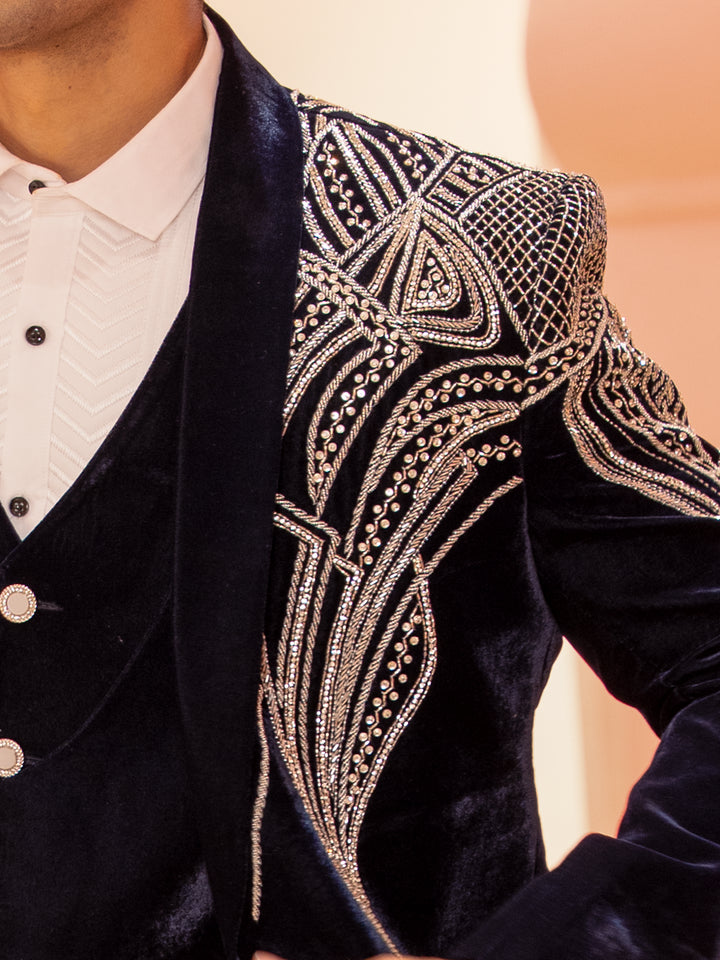 Navy Blue Abstract Designed Men's Suit - Diadem