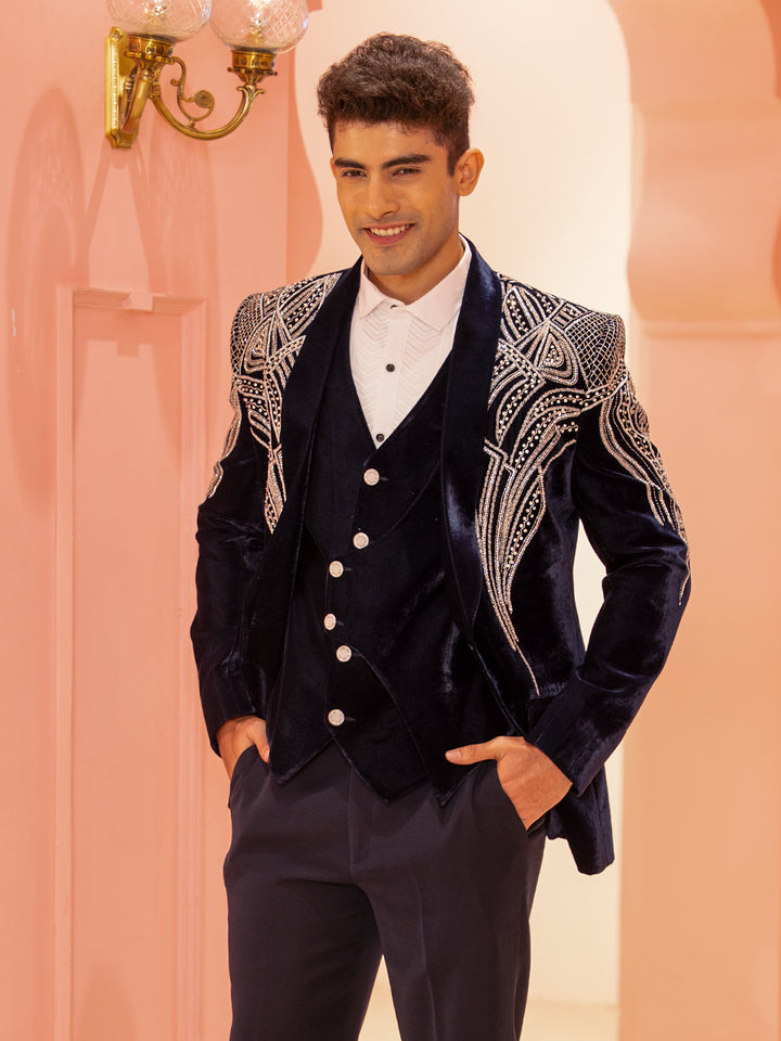 Navy Blue Abstract Designed Men's Suit - Diadem
