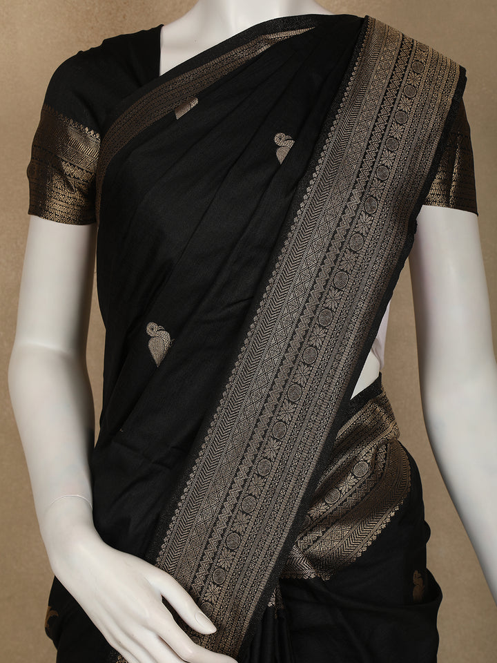 Black Bird Design Raw Silk Saree - Diadem